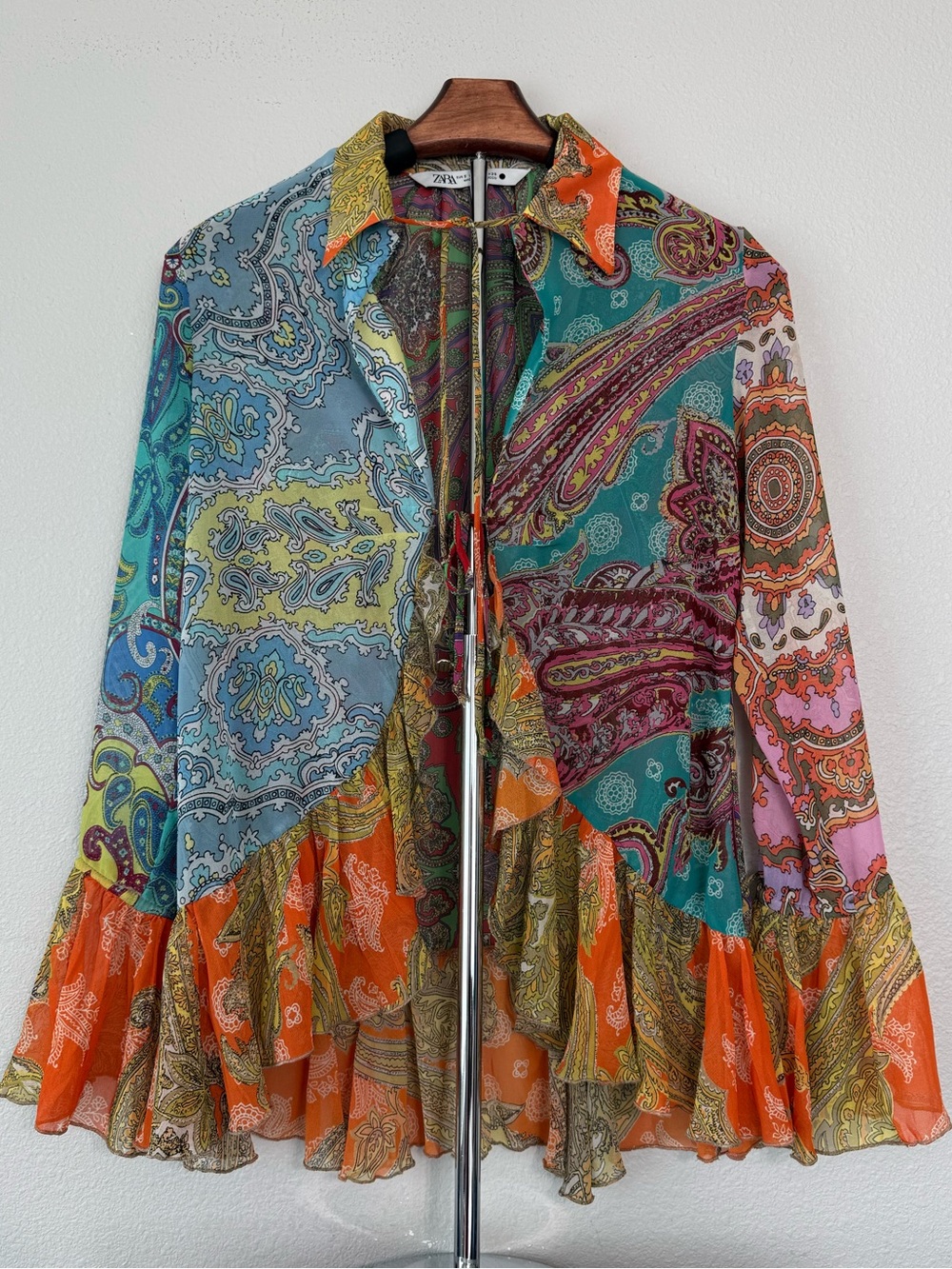 Zara Paisley Print Ruffle Blouse Boho Bell Sleeve Sheer Top Women Size S - Picture 8 of 12
